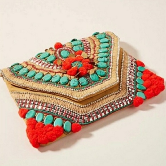 Anthropologie Handbags - Anthropologie Beaded Pom Pom Envelope Clutch